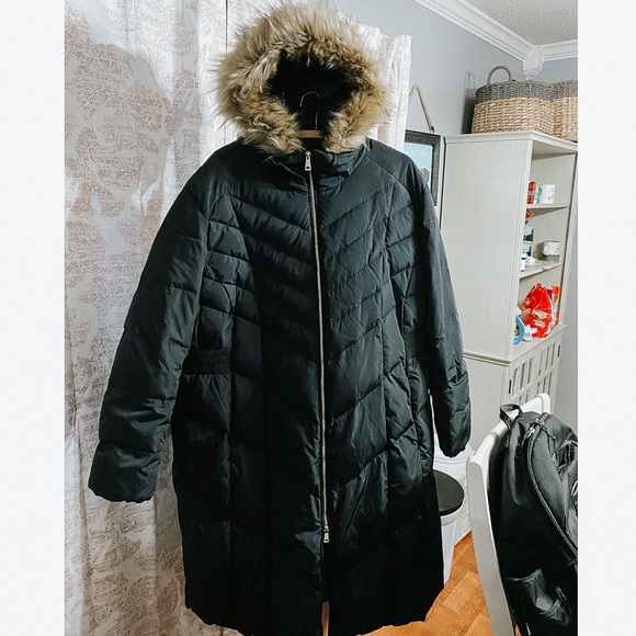 down & feather coat with faux fur hood cole haan